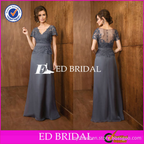 M1211 High Quality V Neckline Short Sleeve Lace Top Gray Dresses For Mother Of Graduate